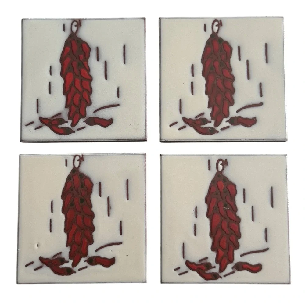 Vintage Italian Cottoveneto Red‎ Chili Pepper Ceramic Tile Coaster Set of 4